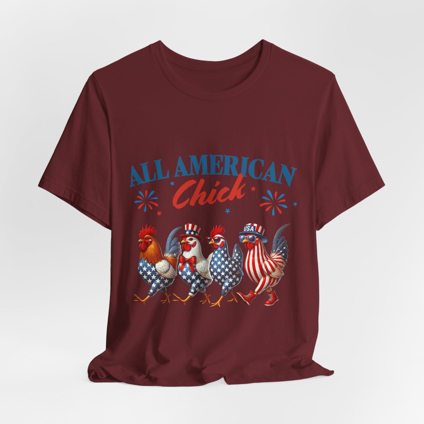 All American Chick T-Shirt — Patriotic 4th of July Rooster Graphic Tee