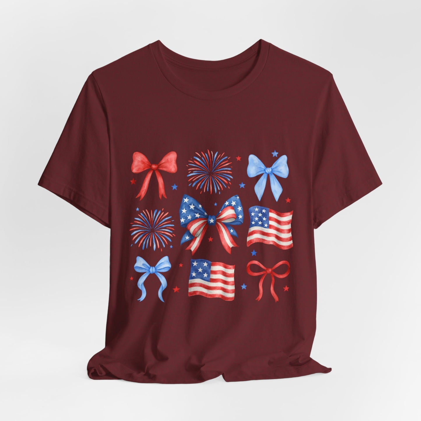 Patriotic Bows & Flags Tee — 4th of July Fireworks Graphic T-Shirt
