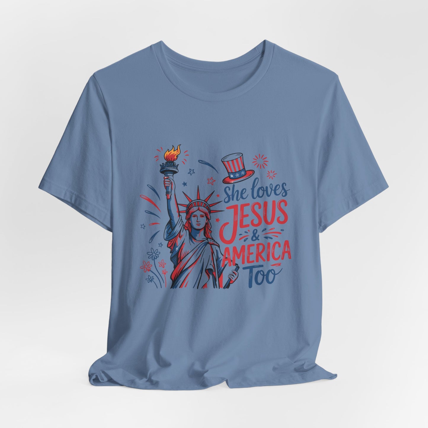 She Loves Jesus & America Too T-Shirt – Patriotic Statue of Liberty Christian Tee
