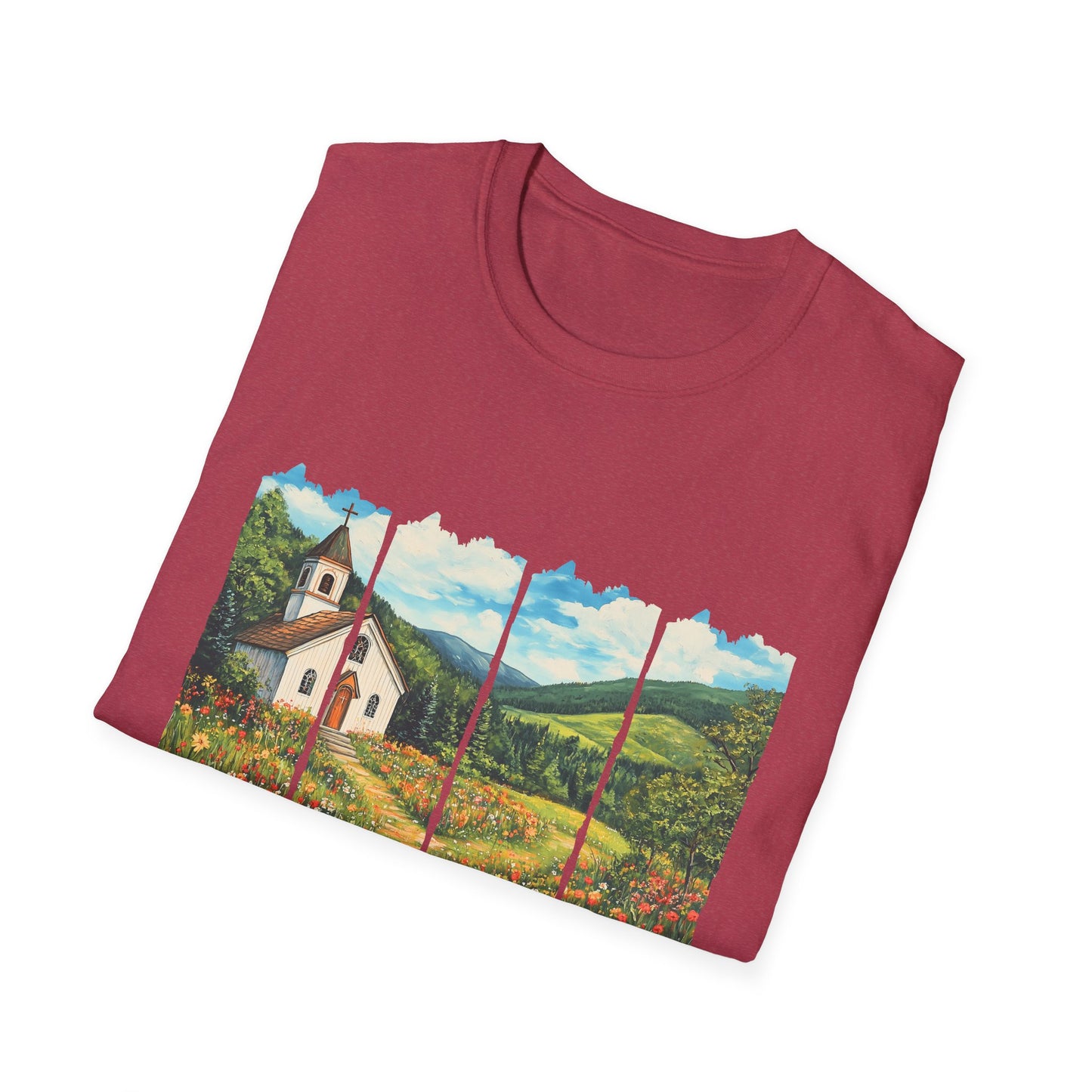 Scenic Chapel Landscape T-Shirt — Countryside Floral Mountain Art Tee