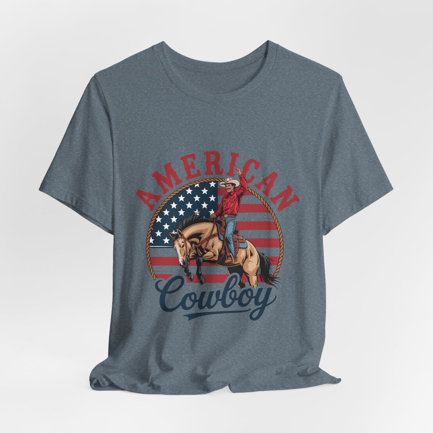 American Cowboy T-Shirt – patriotic rodeo tee with flag and rider