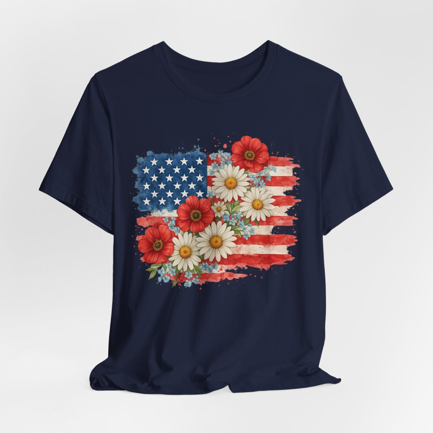 American Flag Floral T‑Shirt – Patriotic Daisy & Poppy USA Tee
