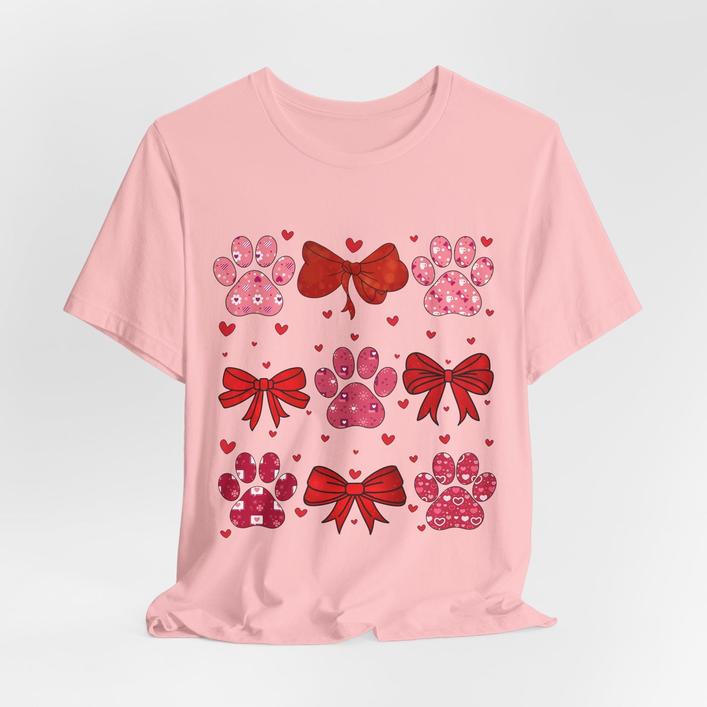 Valentine Paw Prints T‑Shirt — Cute Red Bows & Hearts Pet Lover Tee