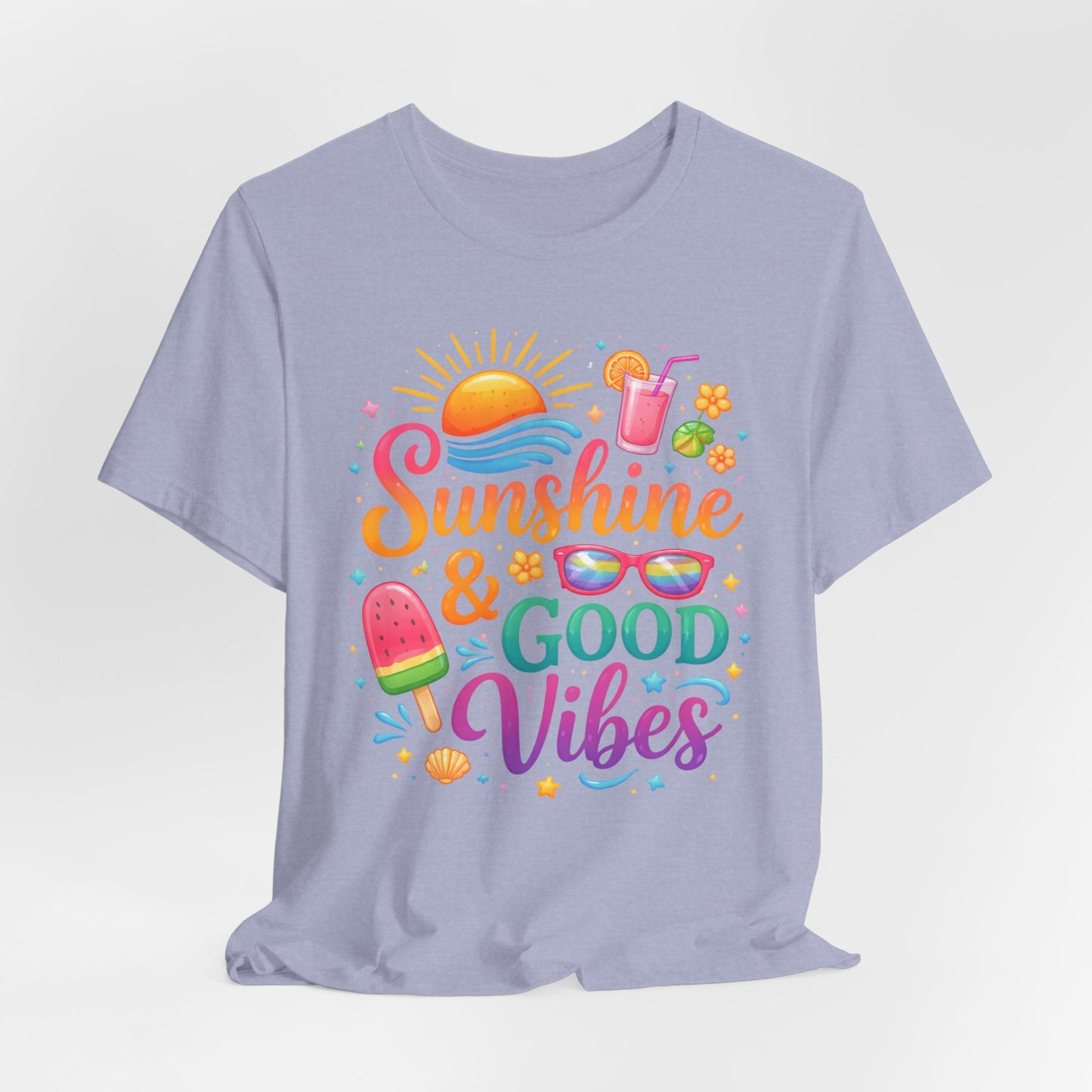 Sunshine & Good Vibes T-Shirt | Summer Beach Drink Sunglasses Popsicle Design