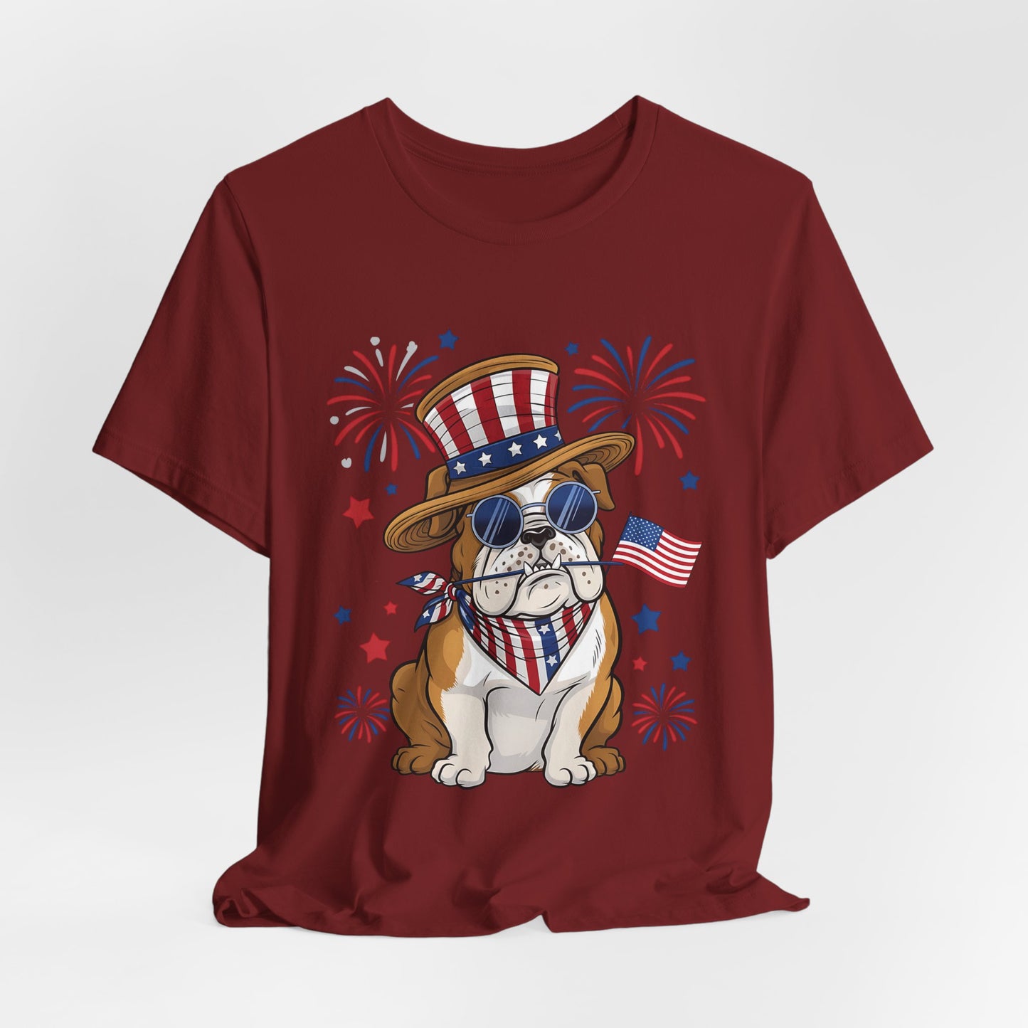 Patriotic Bulldog T-Shirt — American Flag Pup with Uncle Sam Hat & Fireworks (4th of July Tee)