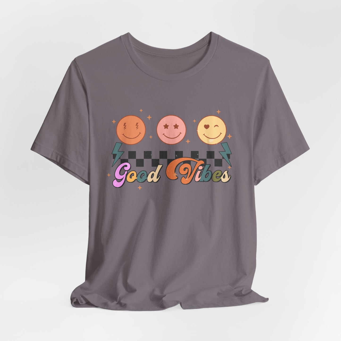 Good Vibes Smiley Tee — Retro Checkerboard Positive Graphic T-Shirt