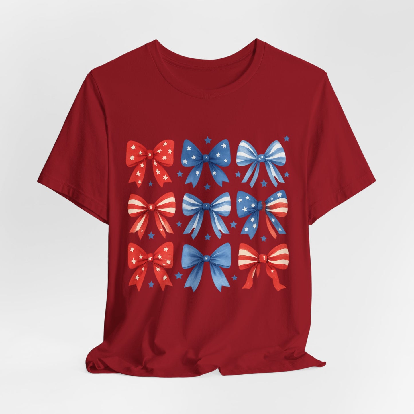 Patriotic Red & Blue Bows Tee — 4th of July Graphic T-Shirt
