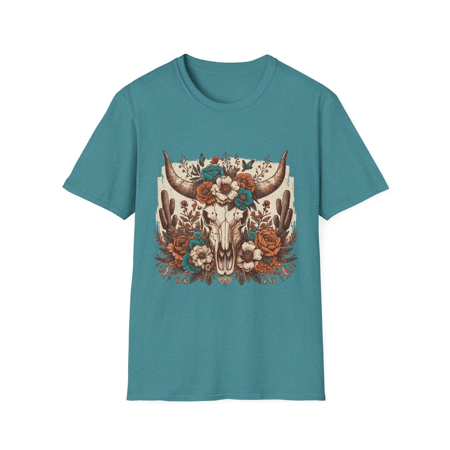 Boho Western Skull T-Shirt — Floral Longhorn Graphic Tee