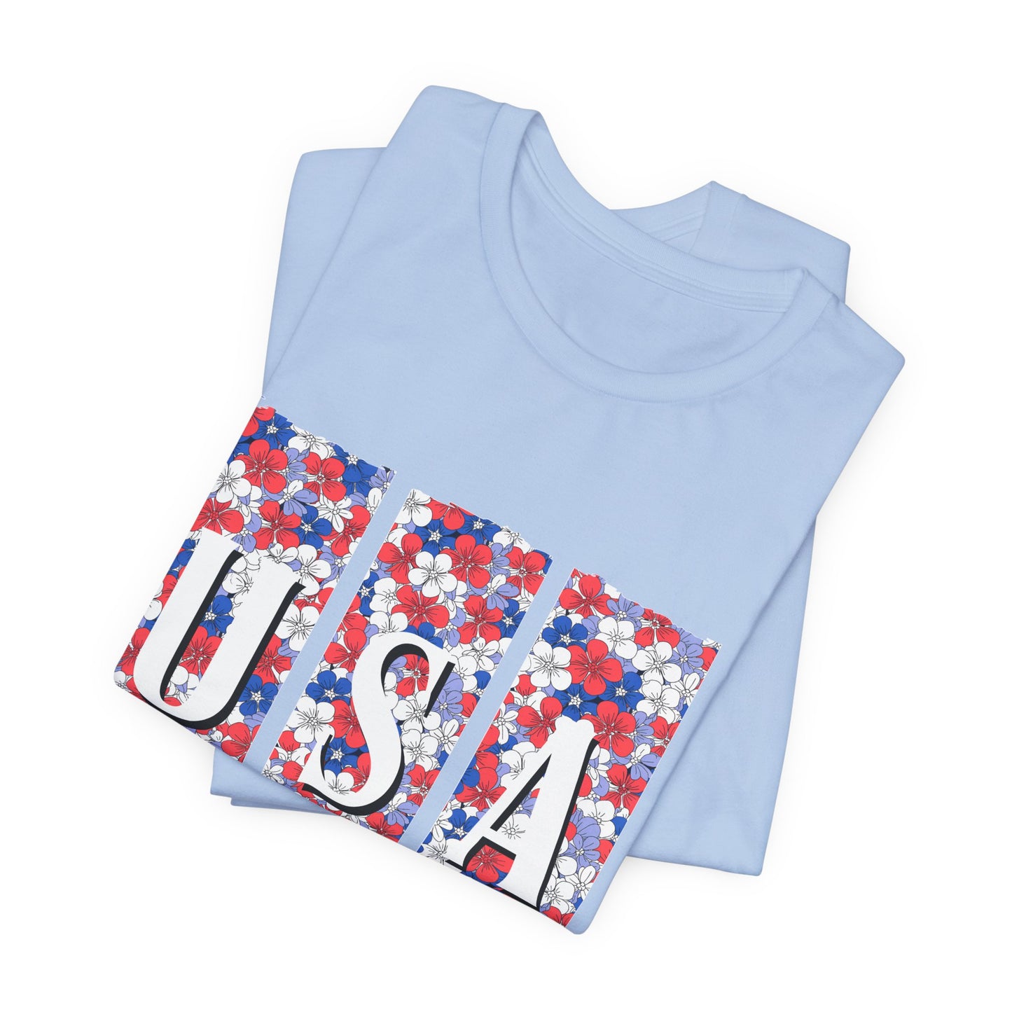 USA Floral Flag T-Shirt — Patriotic Red White Blue Tee (4th of July)