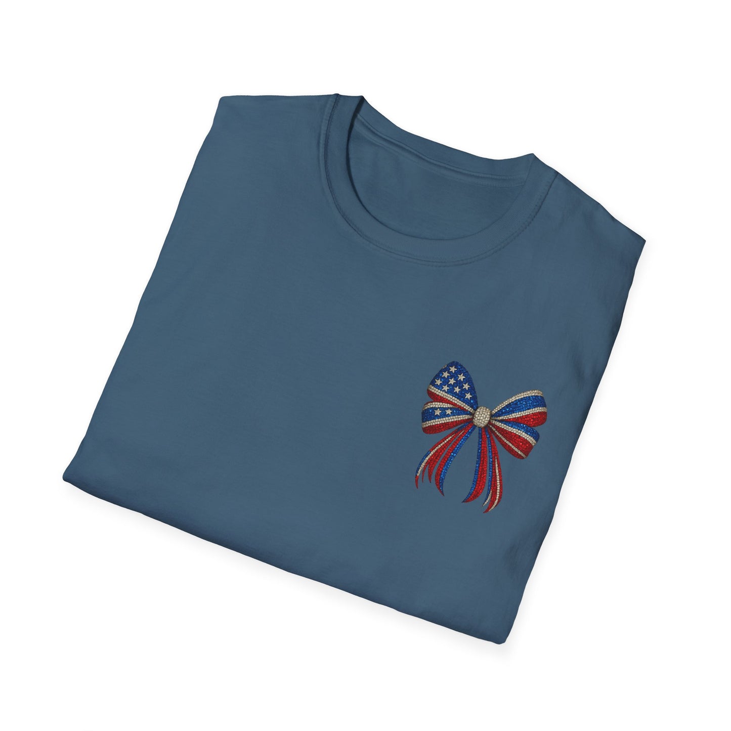 Patriotic Tee - "Land of the Free Because of the Brave" American Flag Bow