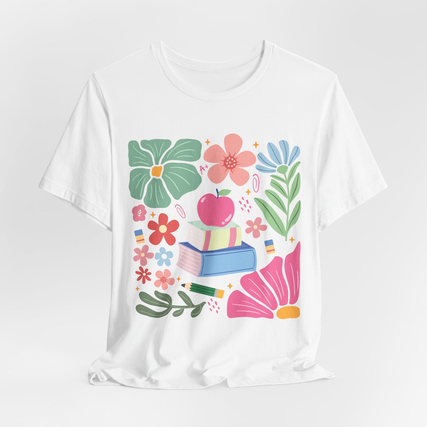 Floral Books & Apple Tee — Cute Spring Reading T-Shirt
