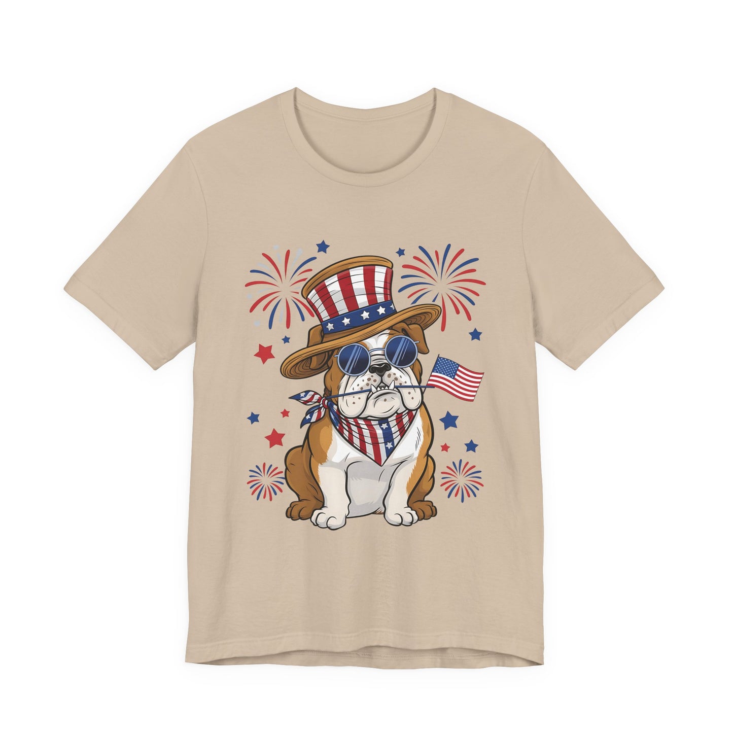 Patriotic Bulldog T-Shirt — American Flag Pup with Uncle Sam Hat & Fireworks (4th of July Tee)