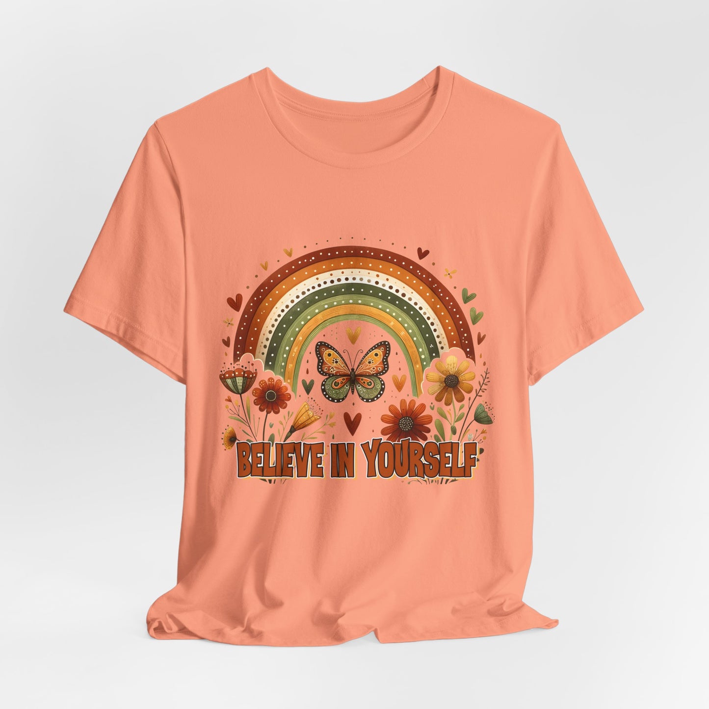 Believe In Yourself Butterfly Tee — Retro Rainbow Floral Inspirational T‑Shirt