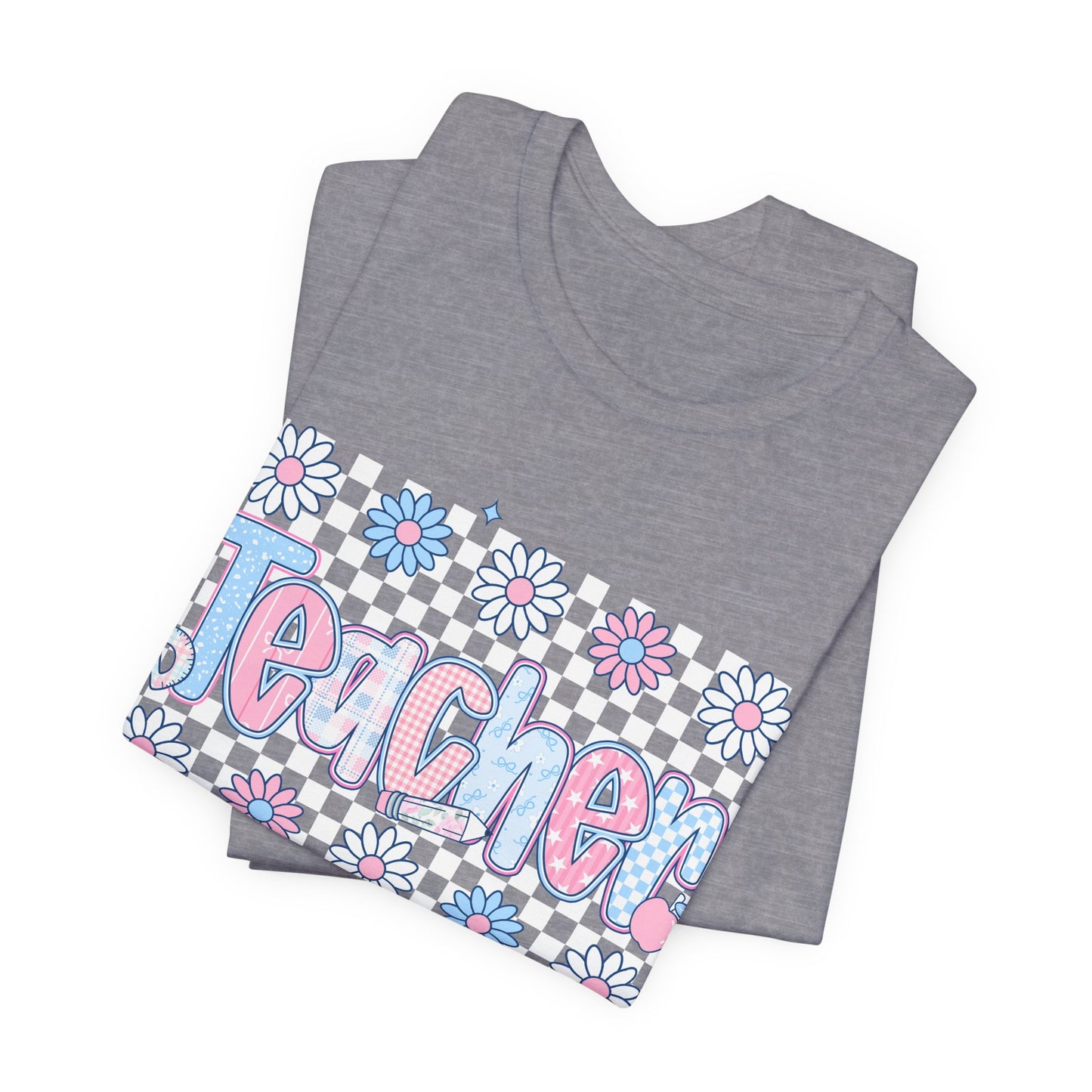 Teacher Daisy Graphic Tee – Cute Pink & Blue Floral Classroom Shirt