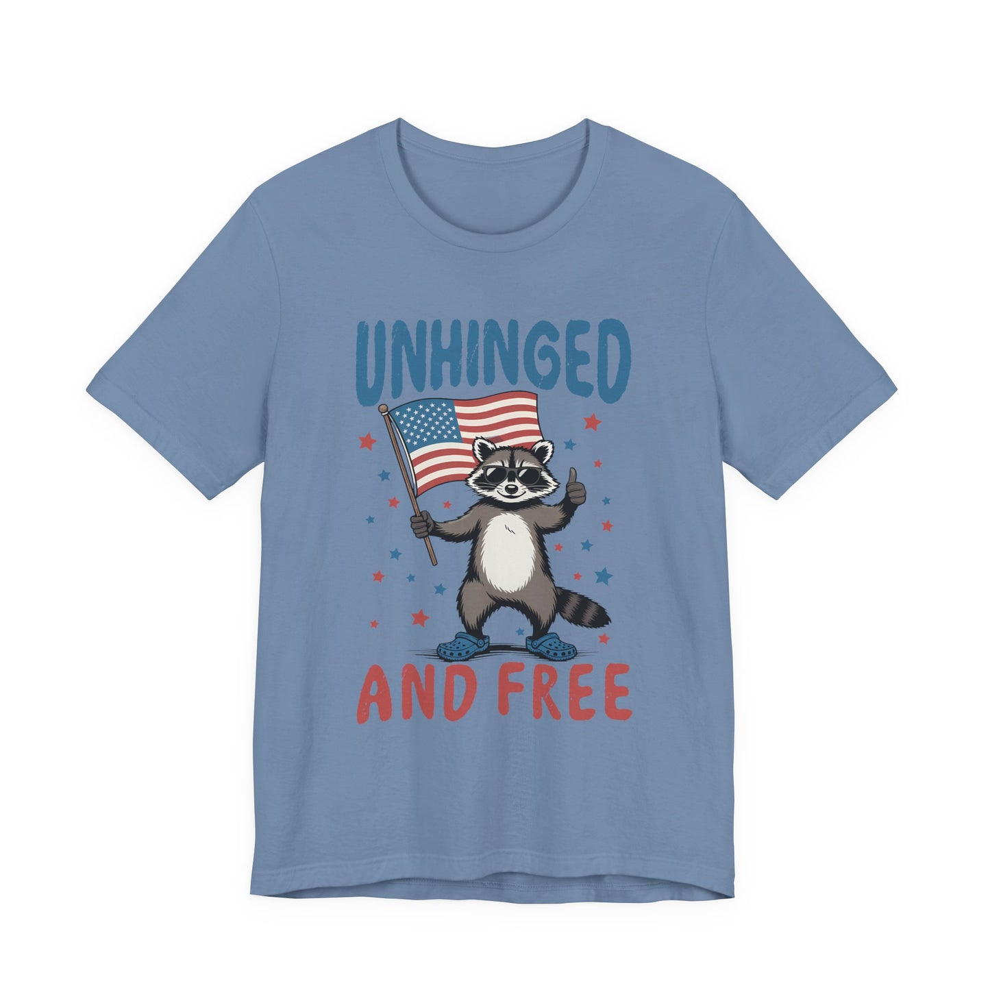 T‑Shirt — "Unhinged and Free" Raccoon American Flag Graphic Tee