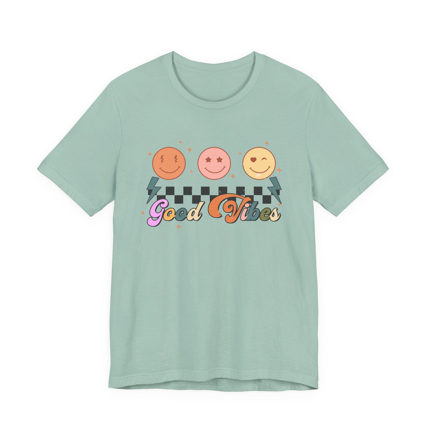Good Vibes Smiley Tee — Retro Checkerboard Positive Graphic T-Shirt