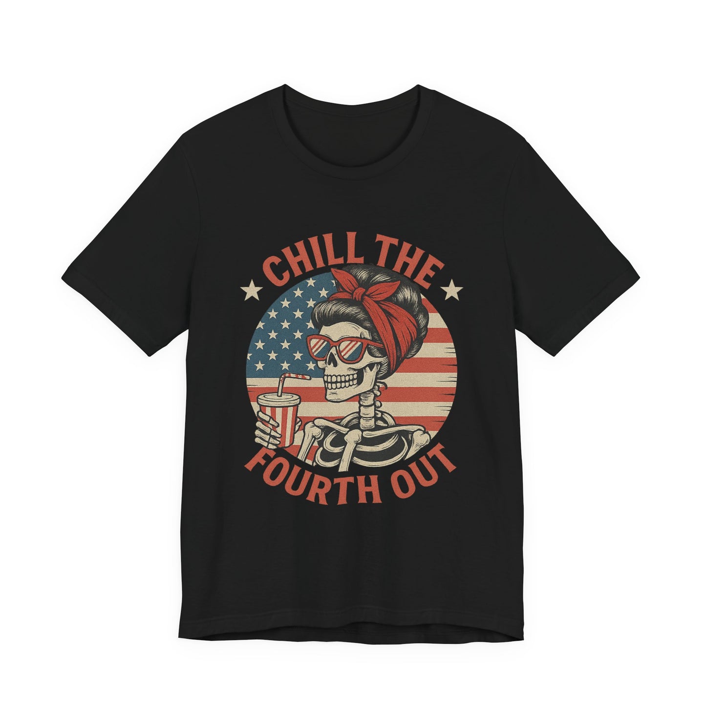 Chill the Fourth Out Tee – Retro Skull with American Flag & Drink | 4th of July Patriotic Shirt