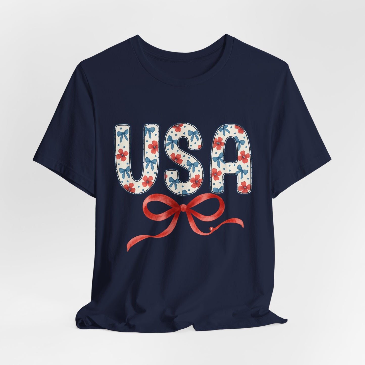 USA Floral Graphic Tee with Ribbon – 4th of July Patriotic Shirt