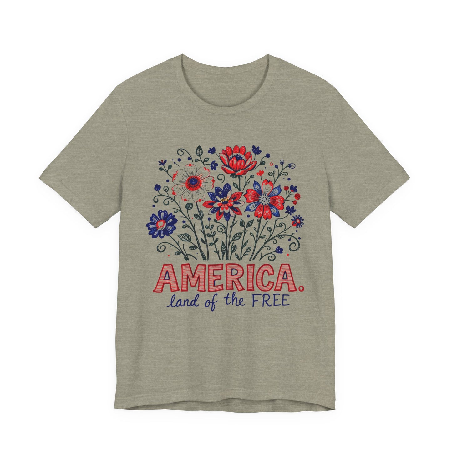 Patriotic Floral Tee — "America, Land of the Free"