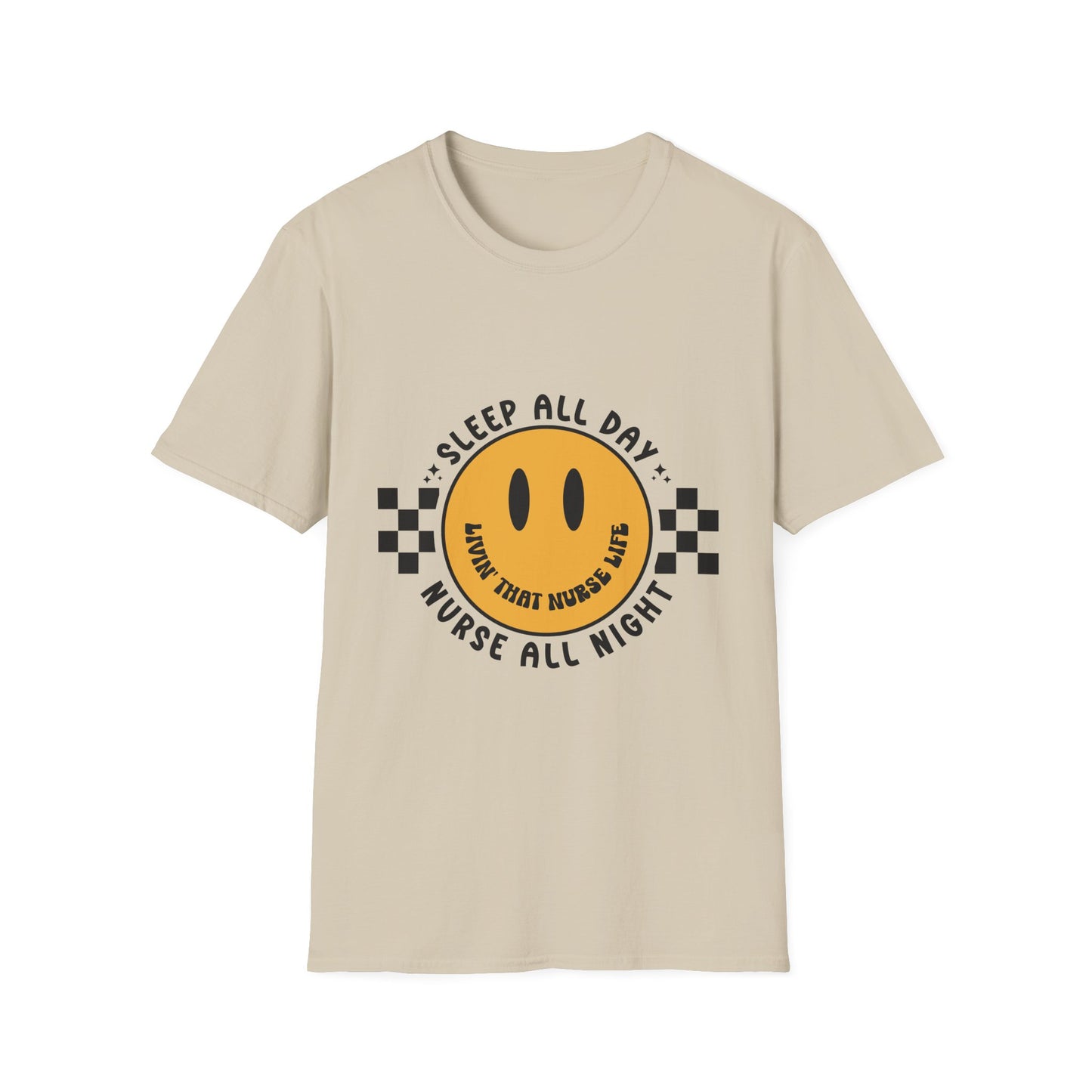 Nurse Smiley Tee — “Sleep All Day, Nurse All Night” Graphic T-Shirt
