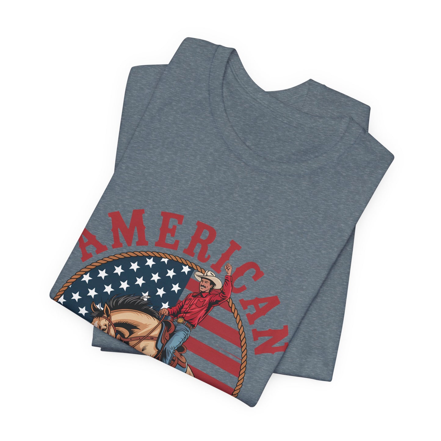 American Cowboy T-Shirt – patriotic rodeo tee with flag and rider