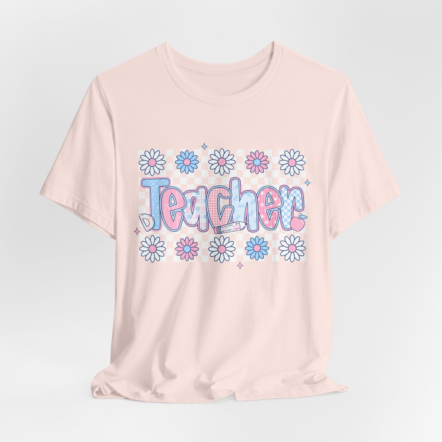 Teacher Daisy Graphic Tee – Cute Pink & Blue Floral Classroom Shirt
