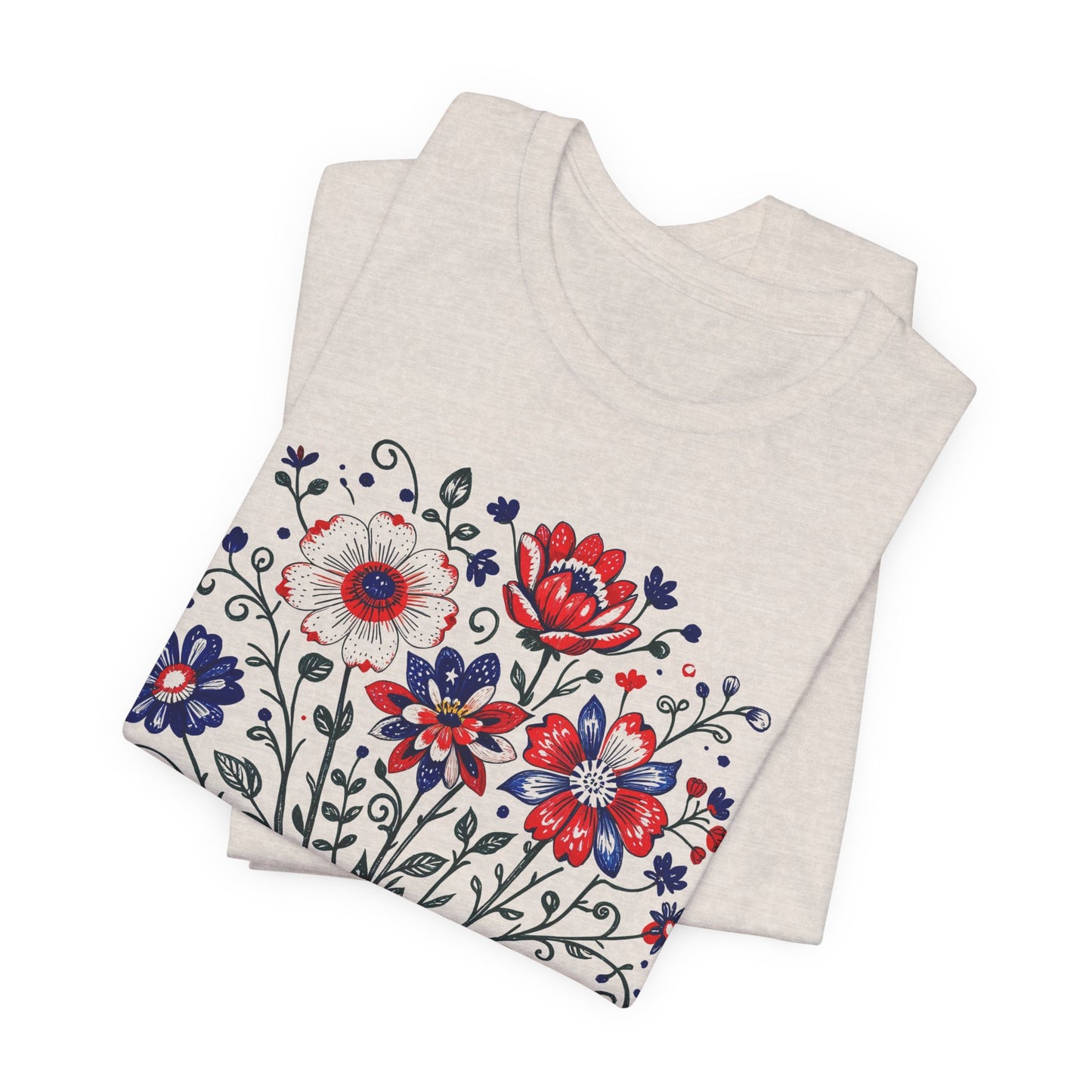 Patriotic Floral Tee — "America, Land of the Free"