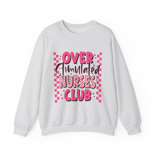 Crewneck Sweatshirt — "Overstimulated Nurses Club" Pink Checker Graphic
