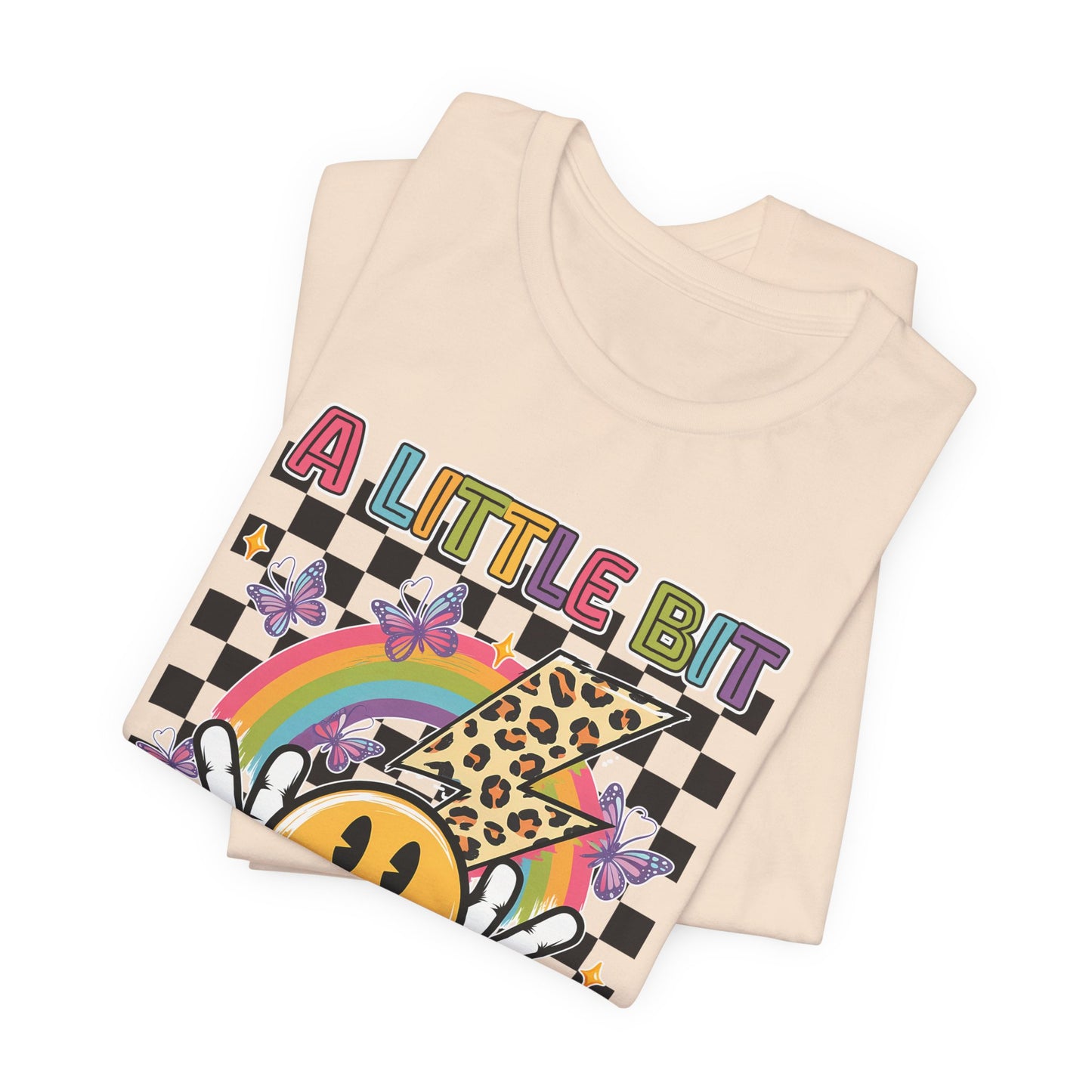 A Little Bit Dramatic Graphic Tee — Smiley Rainbow Checkerboard T-Shirt
