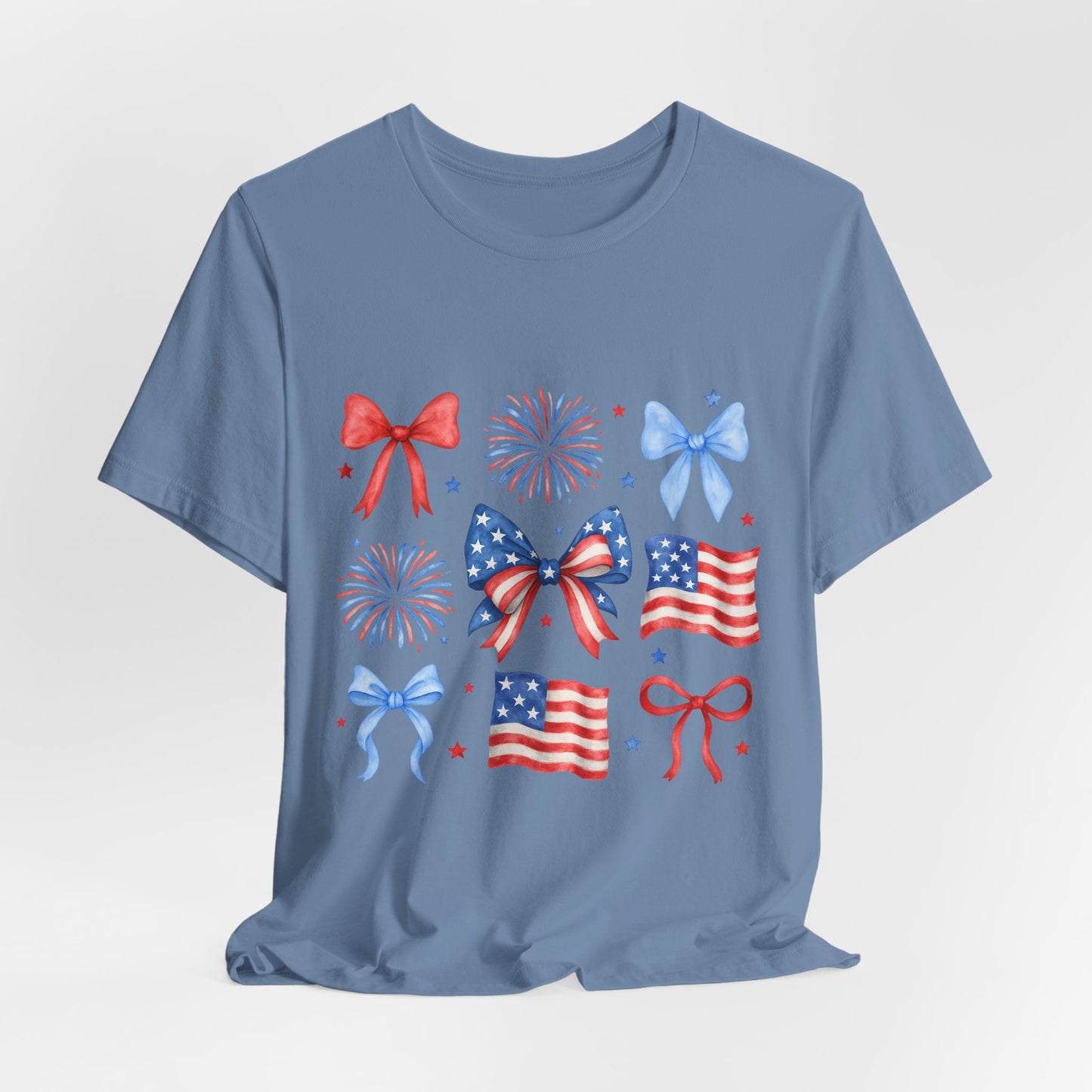 Patriotic Bows & Flags Tee — 4th of July Fireworks Graphic T-Shirt