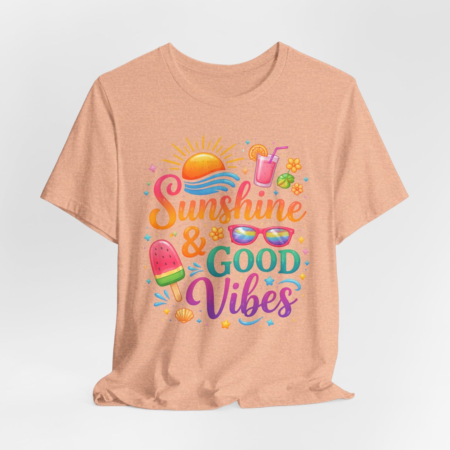 Sunshine & Good Vibes T-Shirt | Summer Beach Drink Sunglasses Popsicle Design