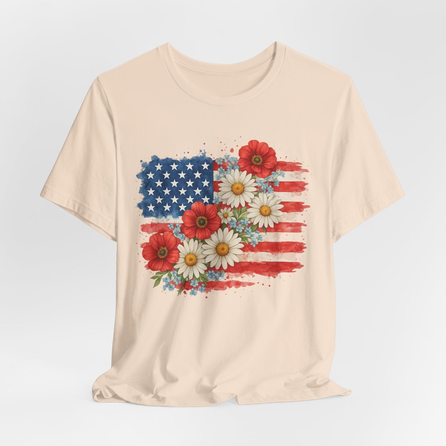 American Flag Floral T‑Shirt – Patriotic Daisy & Poppy USA Tee