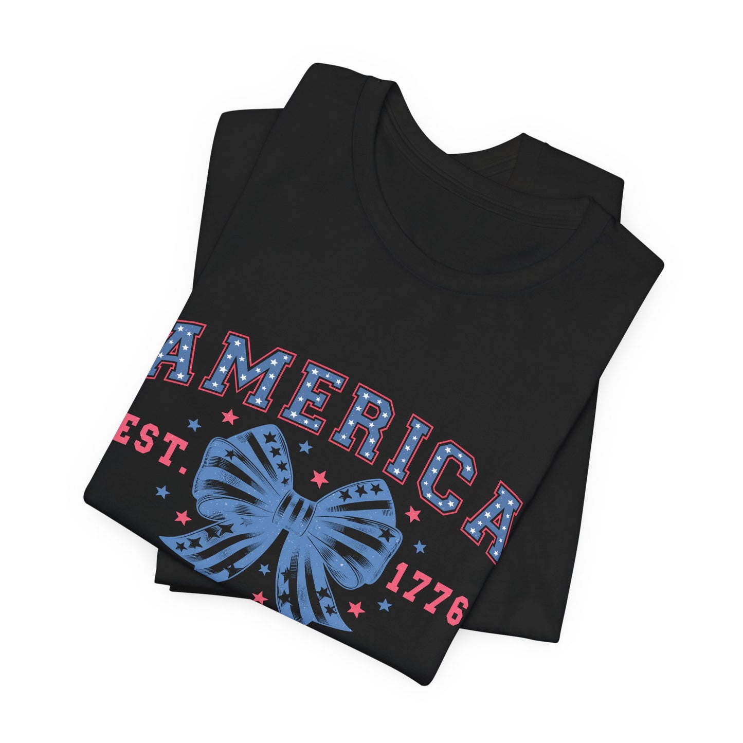America Est. 1776 Patriotic T-Shirt – Stars & Stripes Bow Graphic