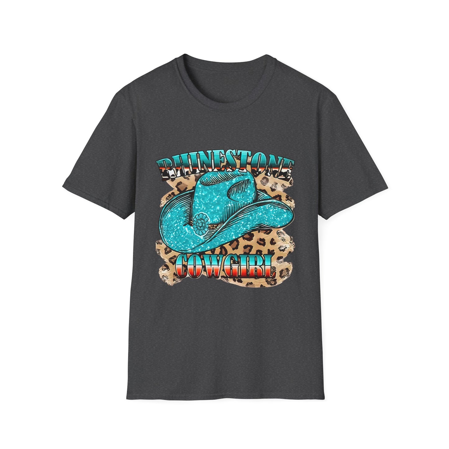 Rhinestone Cowgirl Tee – Turquoise Cowboy Hat on Leopard Print