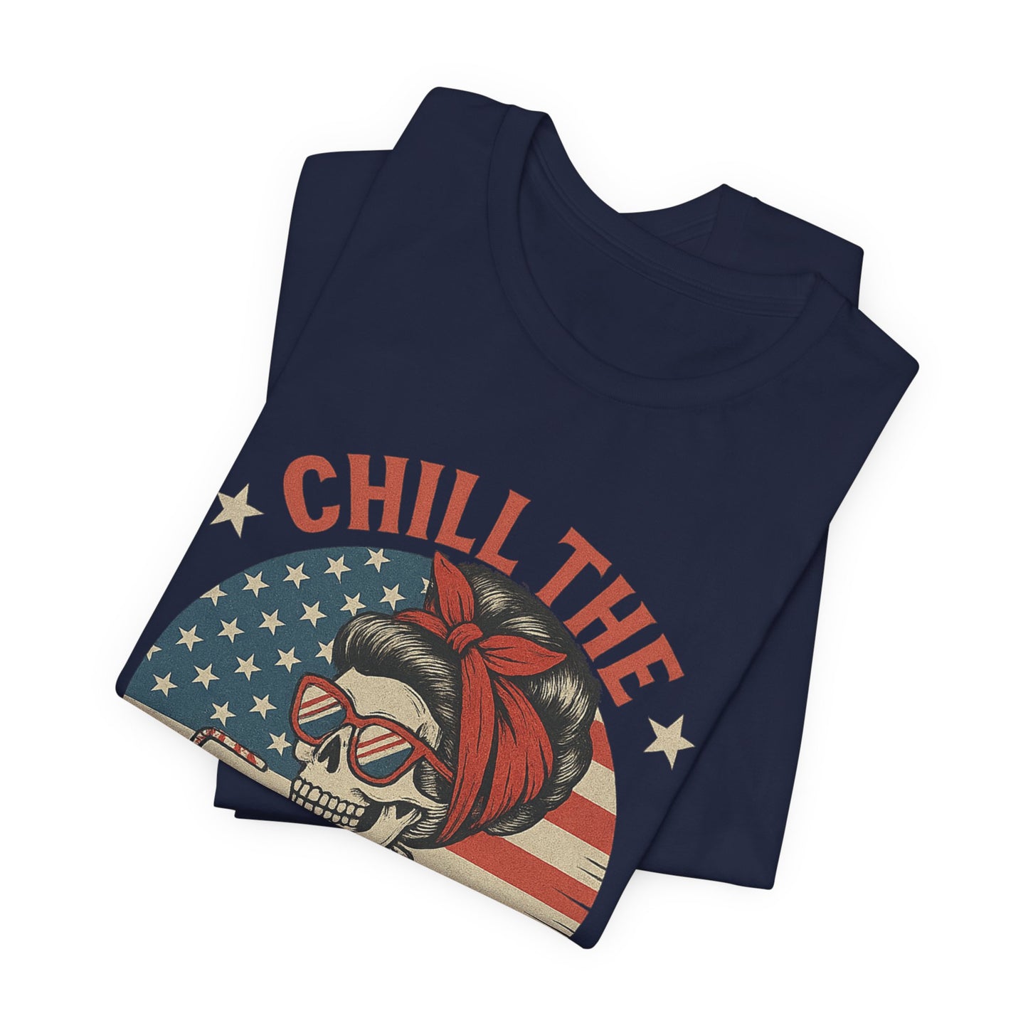 Chill the Fourth Out Tee – Retro Skull with American Flag & Drink | 4th of July Patriotic Shirt