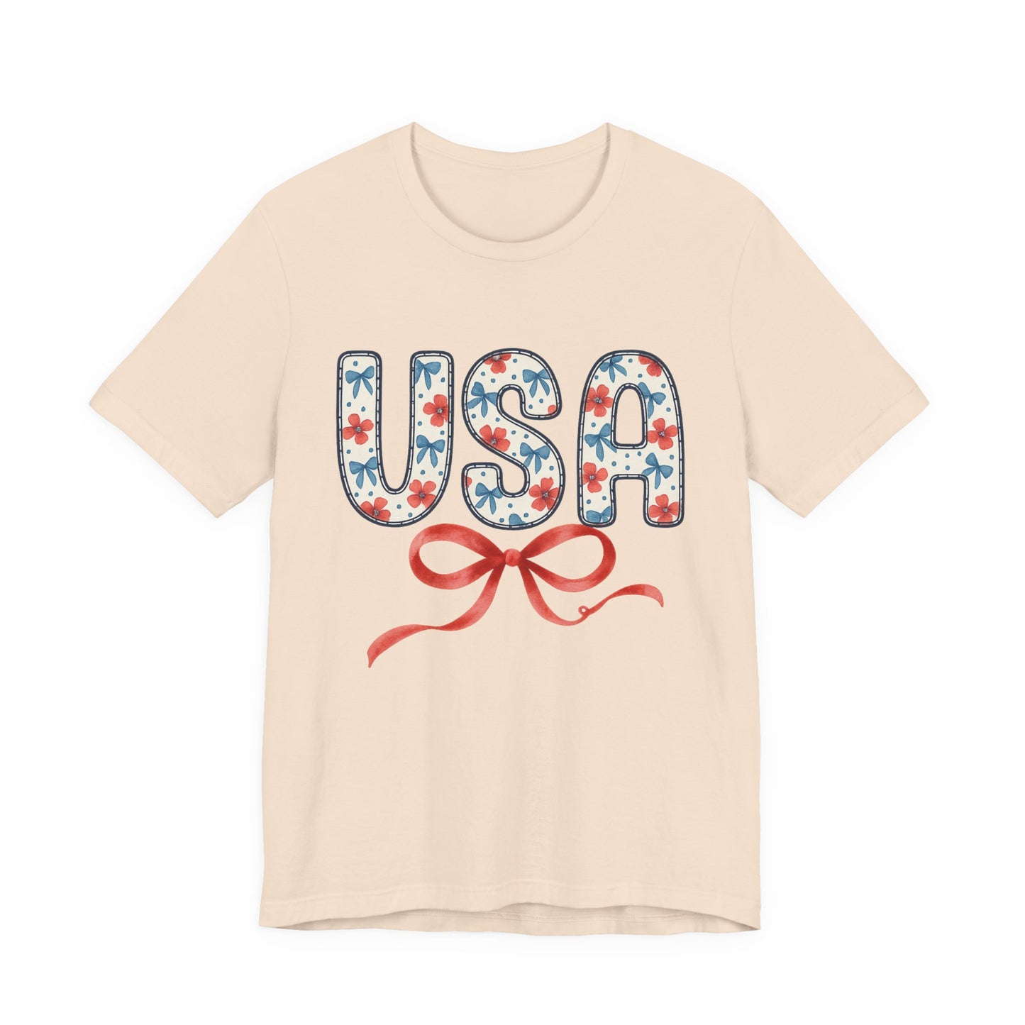 USA Floral Graphic Tee with Ribbon – 4th of July Patriotic Shirt