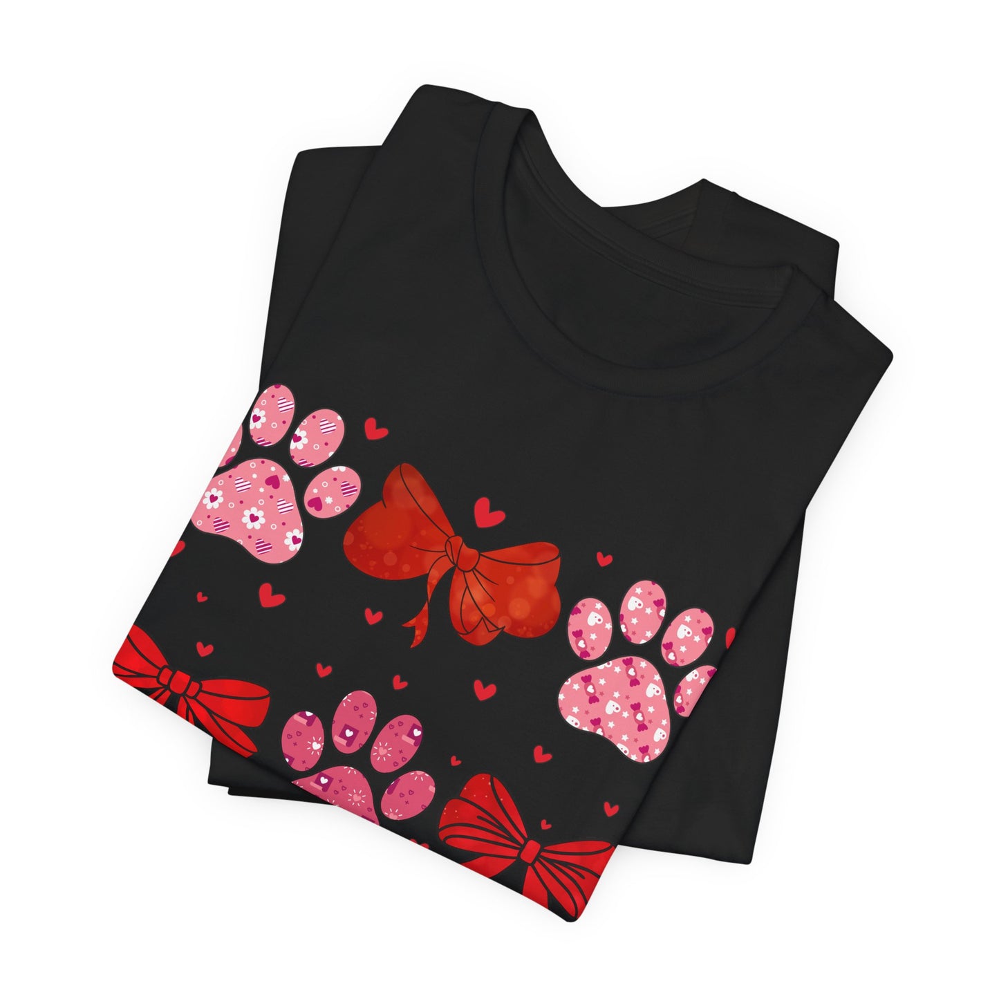 Valentine Paw Prints T‑Shirt — Cute Red Bows & Hearts Pet Lover Tee