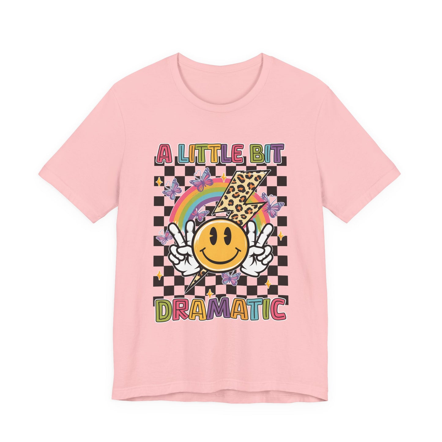 A Little Bit Dramatic Graphic Tee — Smiley Rainbow Checkerboard T-Shirt
