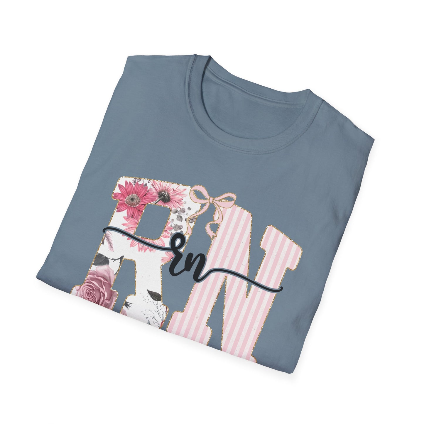 T-Shirt — RN Floral Script Design (Pink Stripes & Roses)