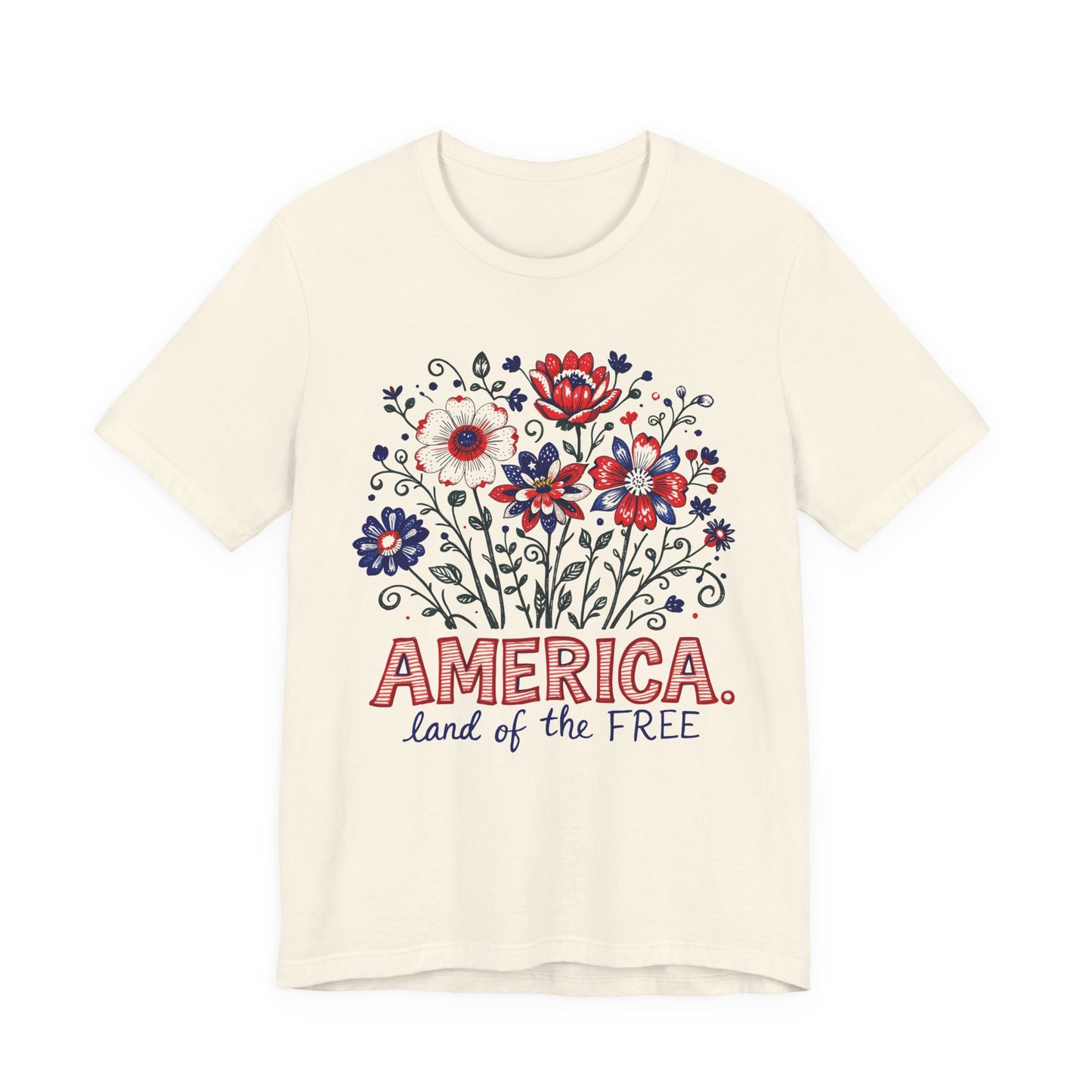 Patriotic Floral Tee — "America, Land of the Free"