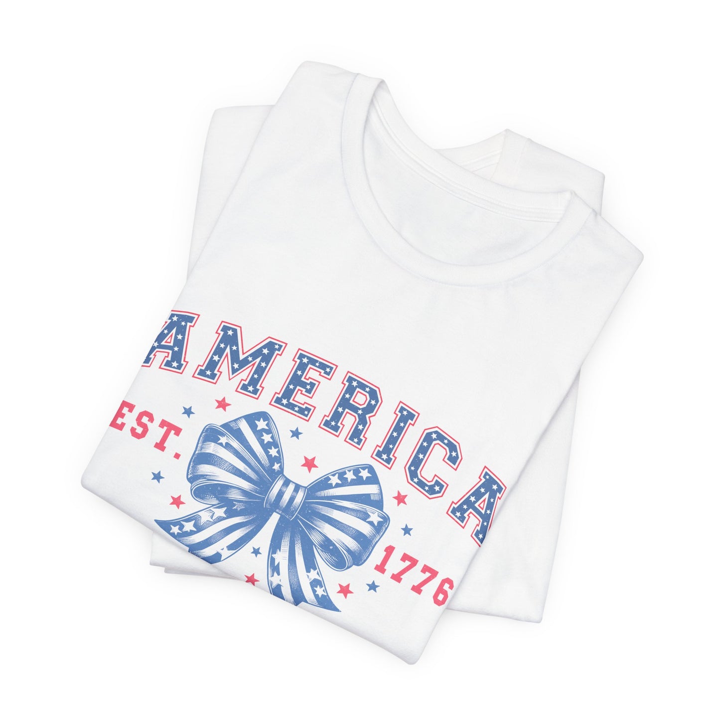 America Est. 1776 Patriotic T-Shirt – Stars & Stripes Bow Graphic