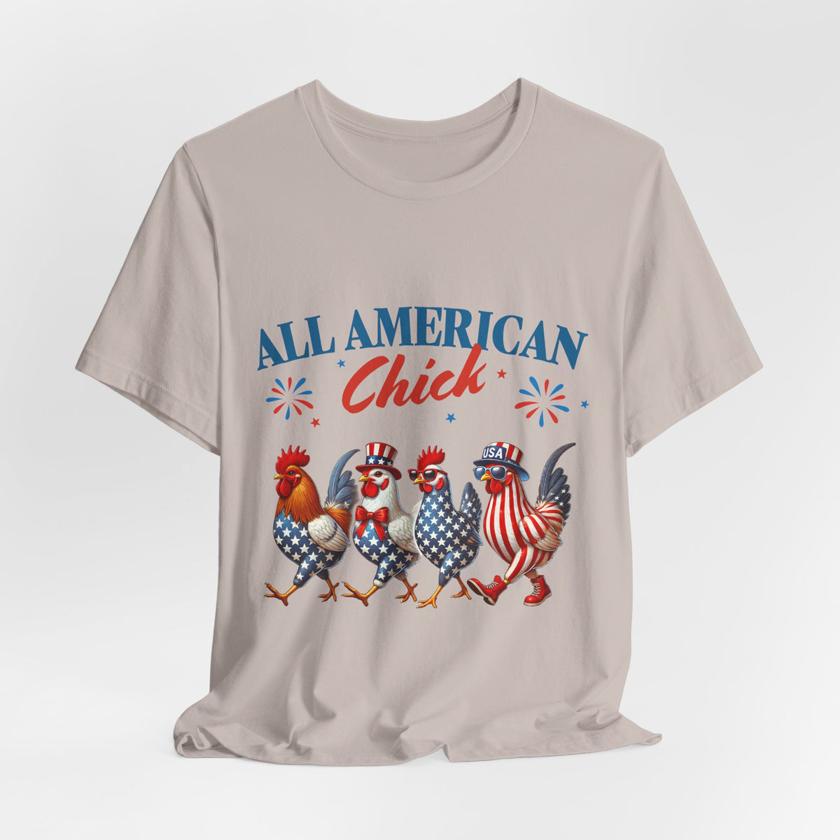 All American Chick T-Shirt — Patriotic 4th of July Rooster Graphic Tee