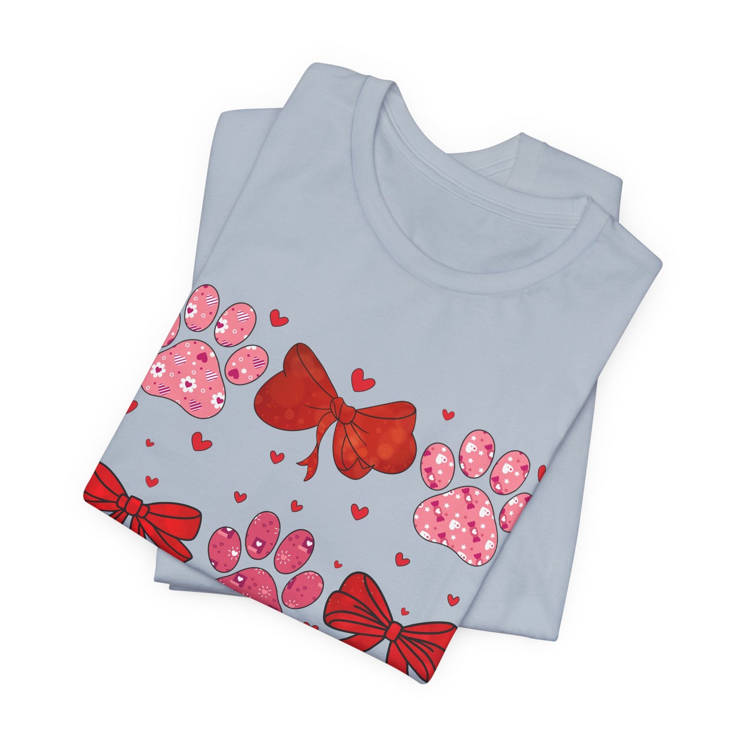 Valentine Paw Prints T‑Shirt — Cute Red Bows & Hearts Pet Lover Tee