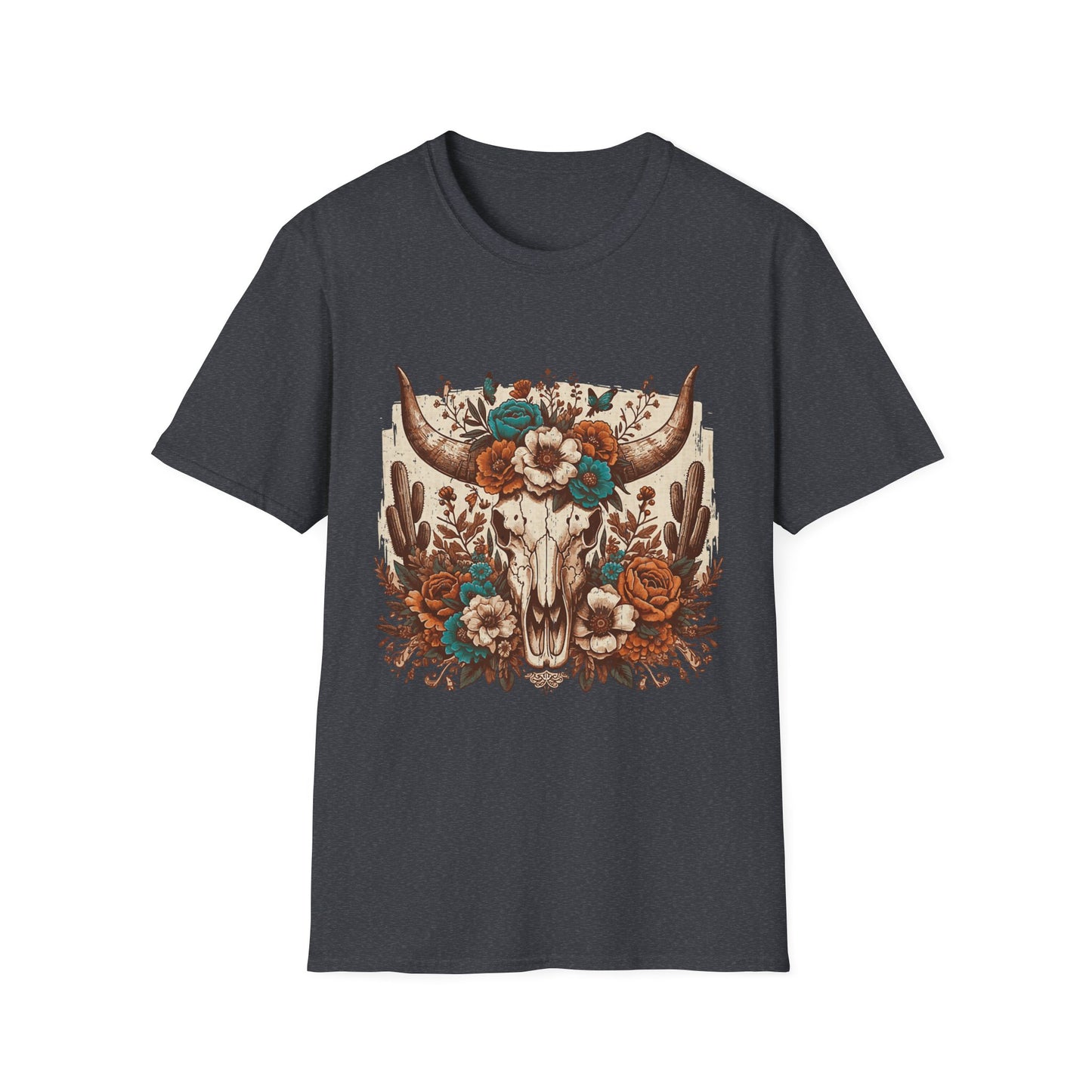 Boho Western Skull T-Shirt — Floral Longhorn Graphic Tee