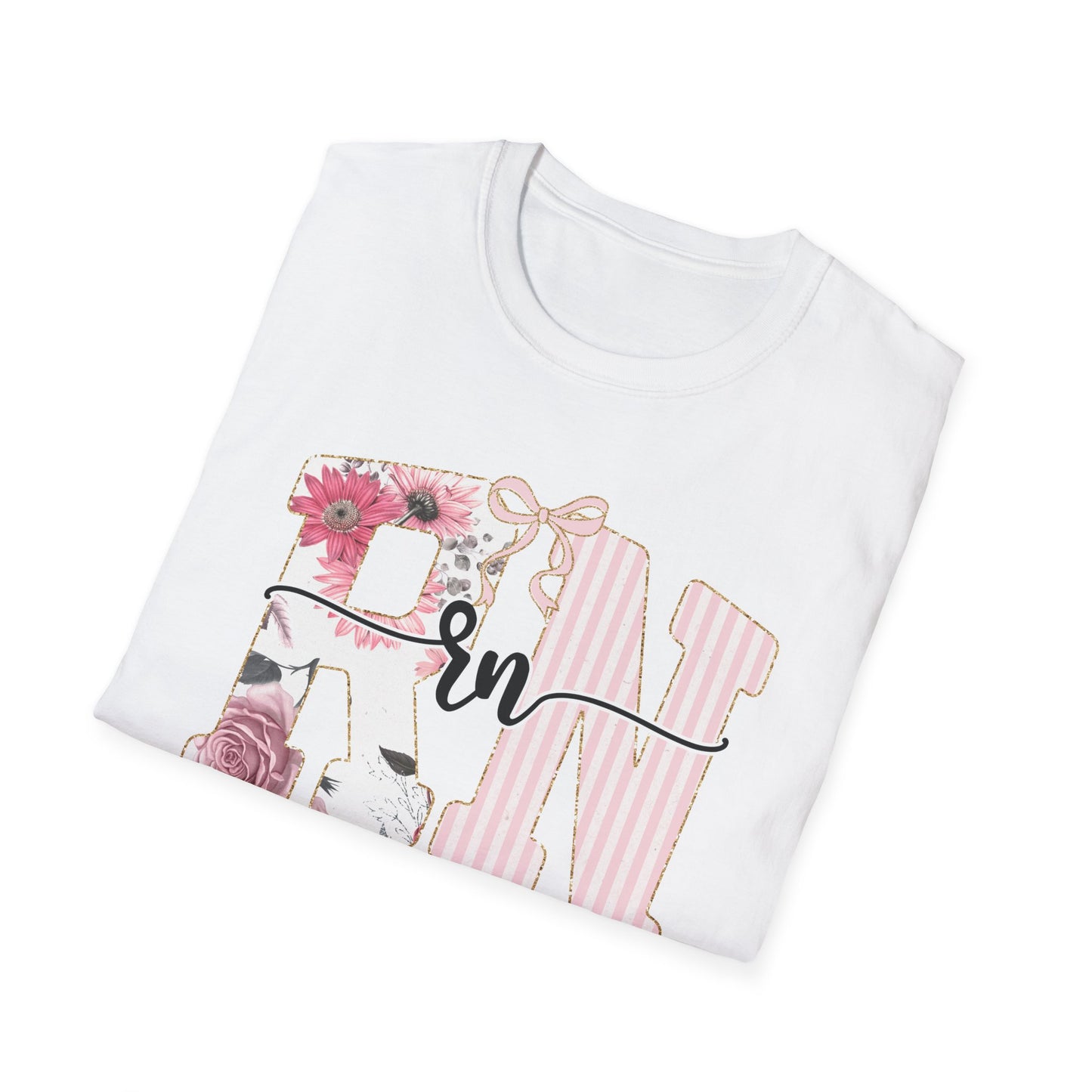 T-Shirt — RN Floral Script Design (Pink Stripes & Roses)