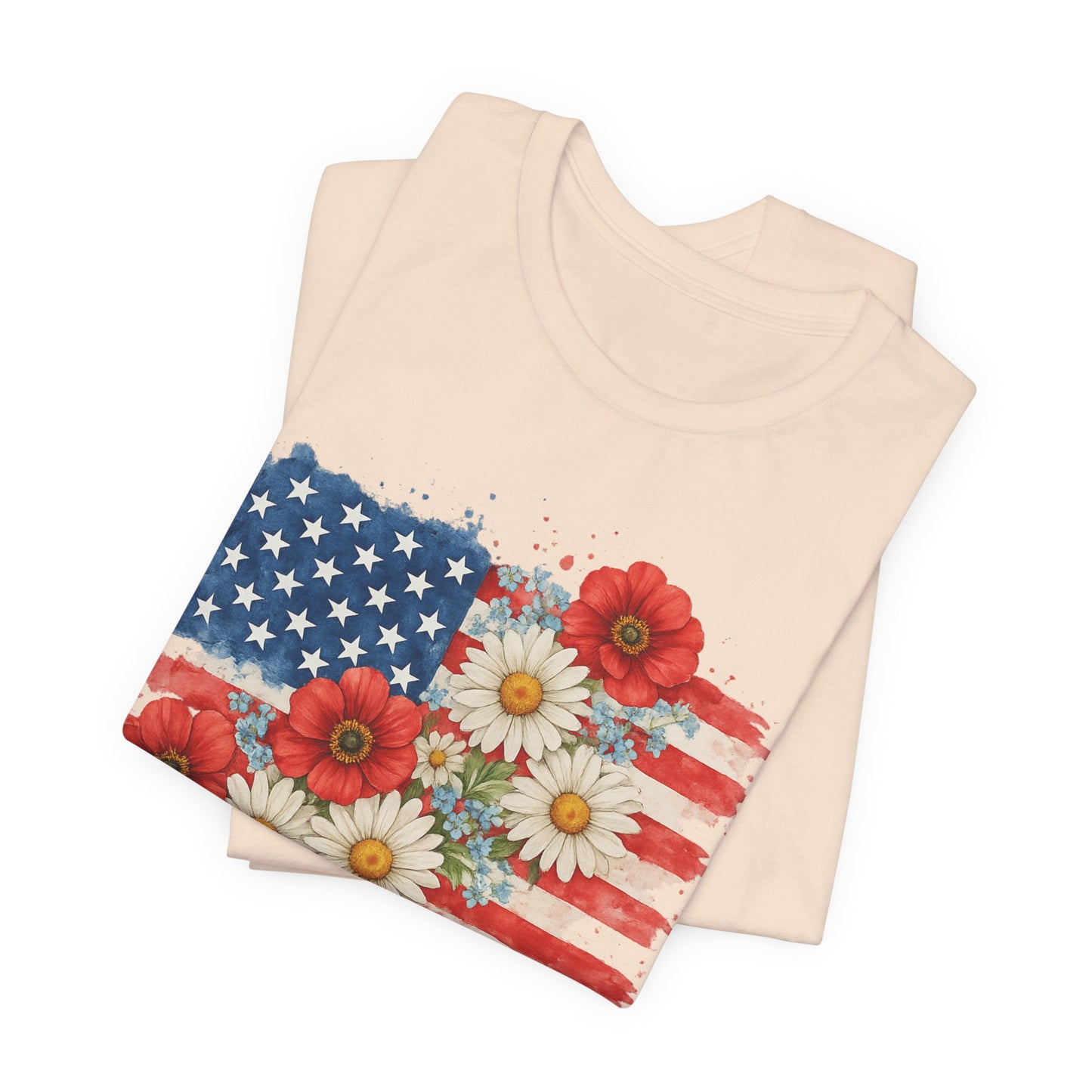 American Flag Floral T‑Shirt – Patriotic Daisy & Poppy USA Tee
