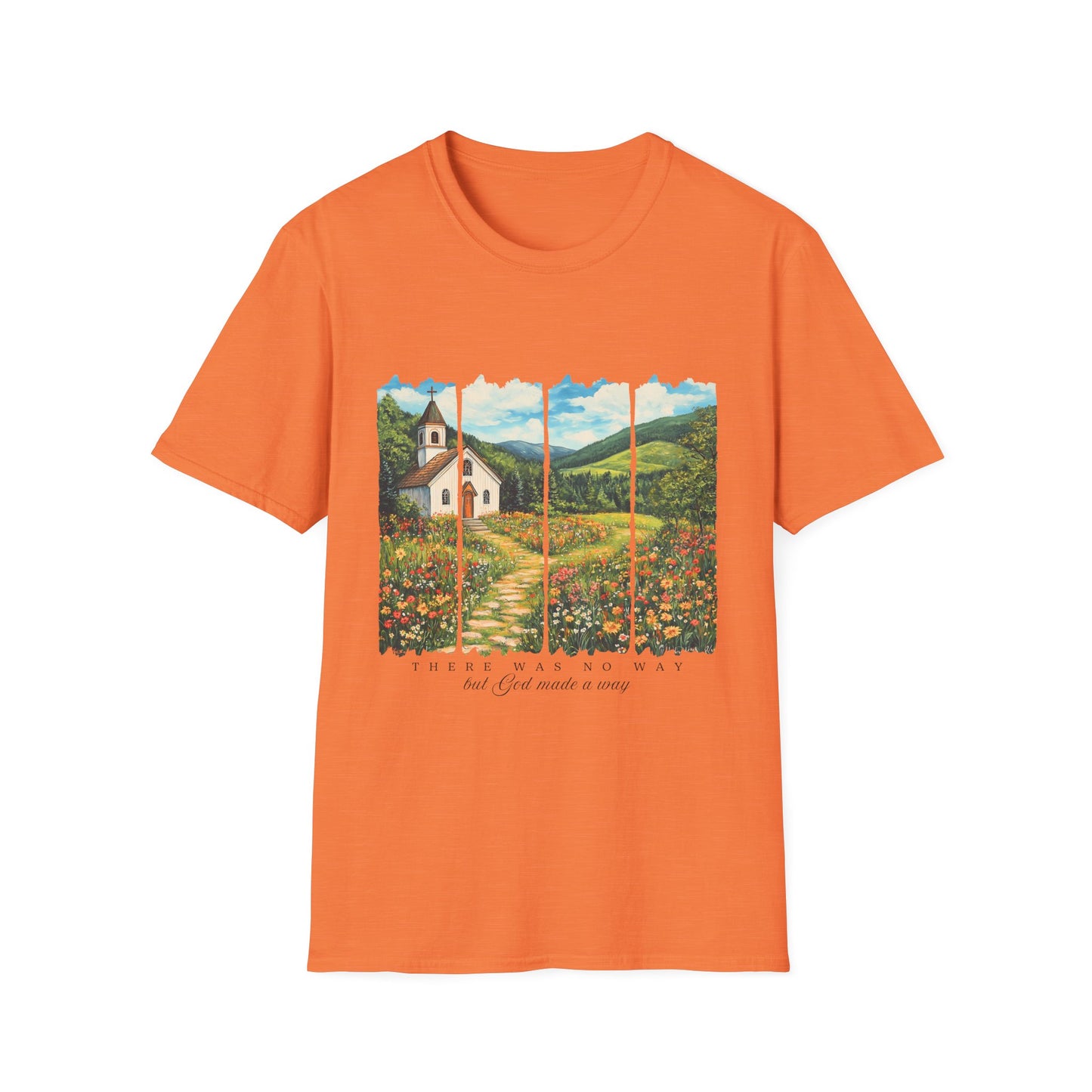 Scenic Chapel Landscape T-Shirt — Countryside Floral Mountain Art Tee