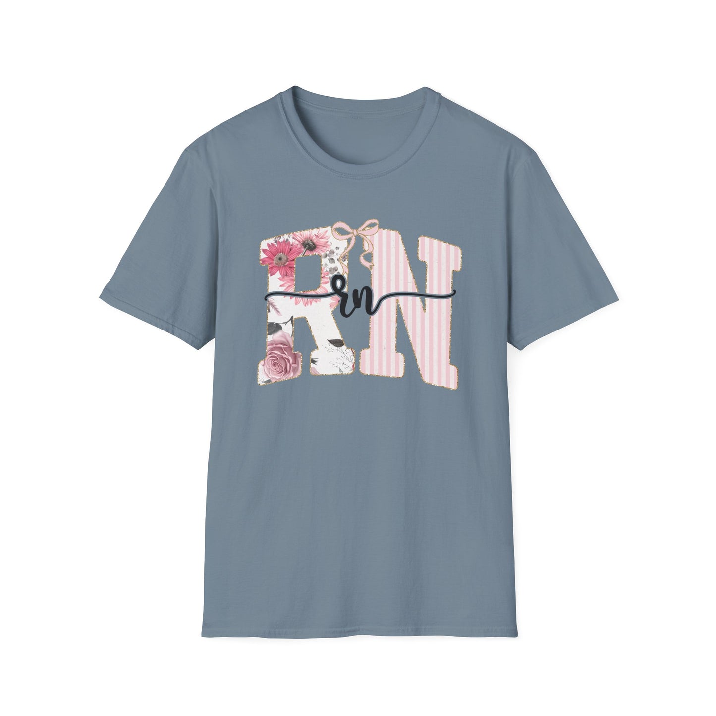 T-Shirt — RN Floral Script Design (Pink Stripes & Roses)