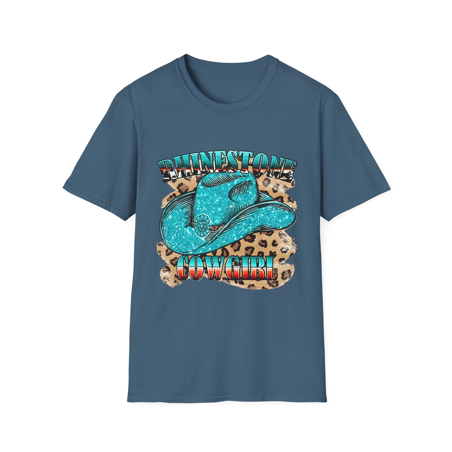 Rhinestone Cowgirl Tee – Turquoise Cowboy Hat on Leopard Print