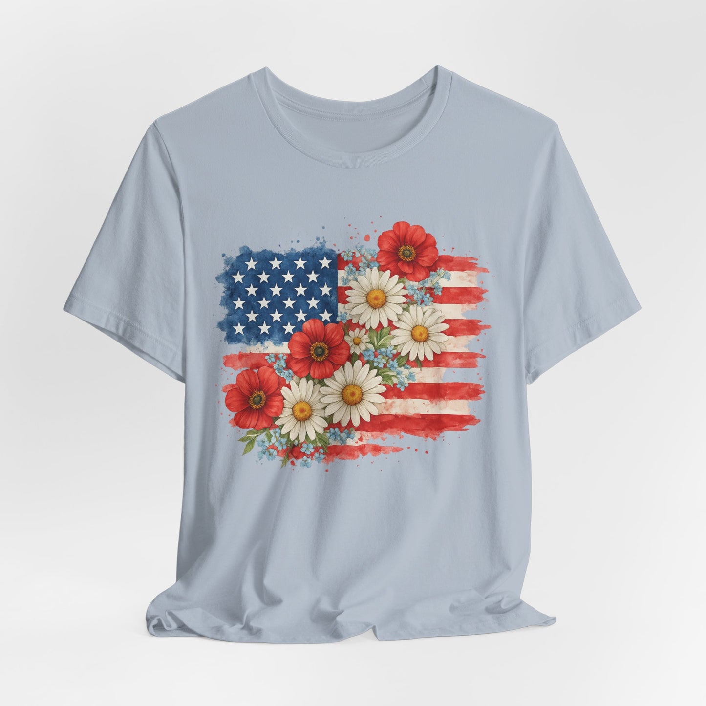 American Flag Floral T‑Shirt – Patriotic Daisy & Poppy USA Tee
